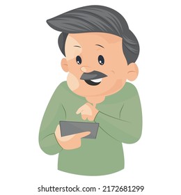 Grandfather is operating a smartphone. Vector graphic illustration. Individually on a white background.