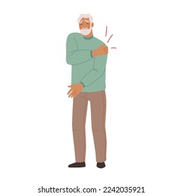 Grandfather with pain in shoulder, isolated senior man with painful feelings in body parts. Aging male personage with health problems. Flat cartoon character, vector illustration