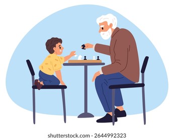 Grandfather is playing chess with little boy by his grandson. Intellectual strategy board game. Grandpa teaching kid. Elderly man and child sitting at chessboard table