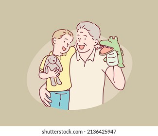 grandfather playing toy doll with their grandson. Hand drawn style vector design illustrations.