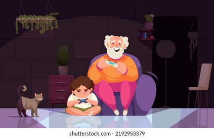 Grandfather playing video games with grandson indoors cartoon vector illustration