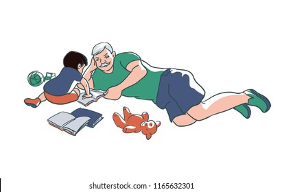 Grandfather plays with his grandson and talking to him. Grandfather is reading a book. Lovely cartoon characters isolated on white background. Vector illustration for card, t-shirt.