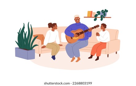 Grandfather plays music on guitar for kids, grandchildren. Happy old grandpa sings song with children at home. Senior, young generations. Flat graphic vector illustration isolated on white background