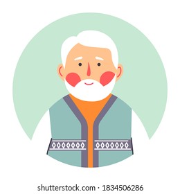 Grandfather portrait of senior male character, isolated circle with face of calm person. Gentleman with blush on cheeks. Grandpa with grey hair and wrinkles, elderly man, vector in flat style