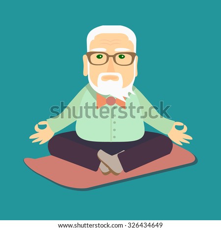 Grandfather practicing yoga. Isolated vector illustration in a flat style. Old men sitting in yoga pose.