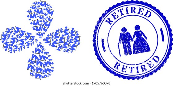 Grandfather pray swirl flower shape, and blue round RETIRED grunge stamp imitation with icon inside. Element flower with 4 petals composed from oriented grandfather pray items.