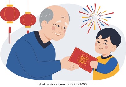 Grandfather presents his grandson a red envelope with сhinese calligraphy means "Fortune, Good Luck" on Chinese New Year. There are lanterns and fireworks in the background.