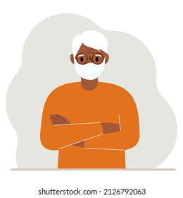 Grandfather in a protective medical face mask. The old man wears protection against viruses, urban air pollution, smog, vapors, and polluting gas emissions. Vector flat illustration.