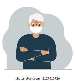 Grandfather in a protective medical face mask. The old man wears protection against viruses, urban air pollution, smog, vapors, and polluting gas emissions. Vector flat illustration.