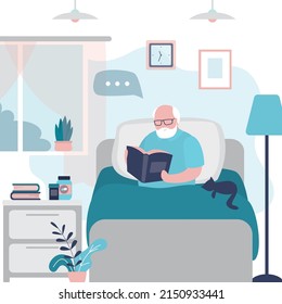 Grandfather Read Book In Comfortable Bed. Old Man Reading Magazine In Morning. Senior Sits At Home In Bed With Cat And Enjoys Hobby. Bedroom Interior With Furniture. Trendy Flat Vector Illustration