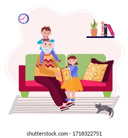 Grandfather read book to granddaughter and grandson. Grandpa with grandkids is sitting in sofa and tell story. Elder read grandchildren fairy tale. Senior with boy and girl stay home and spend time
