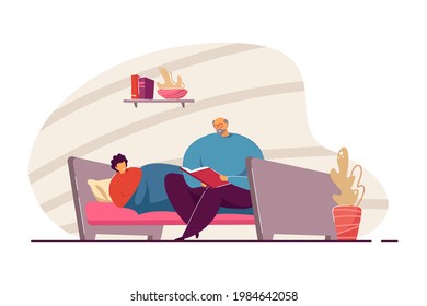 Grandfather reading bedtime story to grandson. Old man sitting on bed with book, child listening to fairytale vector illustration. Bedtime, family concept for banner, website design or landing page