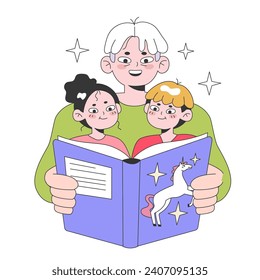 Grandfather reading a book to the grandchildren. Characters reading a fairytale. Getting old and maturing, retirement and spending time with family. Aged people experience. Flat vector illustration.