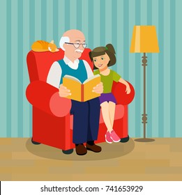 Grandfather is reading a book to her granddaughter. Grandfather and granddaughter are sitting in a chair. Vector flat style illustration