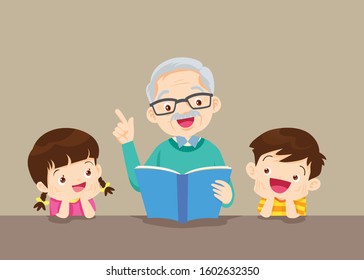 Grandfather is Reading  Book to Him Grandchildren