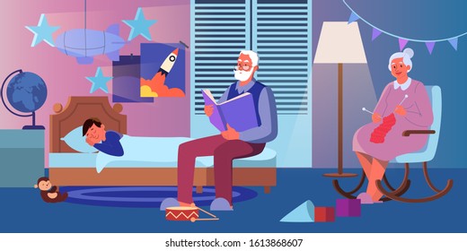 Grandfather reading a book to his grandson out loud. Old lady knitting in the armchait. Old couple spend time with their grandchildren. Woman and man on retirement. Vector illustration