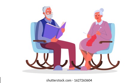 Grandfather reading a book. Old lady knitting in the armchait. Old couple spend time together. Woman and man on retirement. Vector illustration