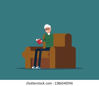 Grandfather reading book. Vector illustration family concept, Relaxation, Cartoon character style