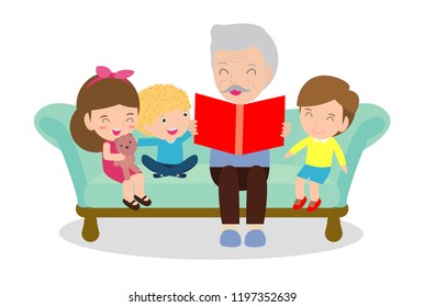 Grandfather reading fairy tales to his grandchildren, reading and telling book fairy tale story, Kids Listening to Their Grandfather Tell a Story, Vector Illustration