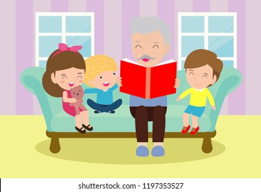 Grandfather reading fairy tales to his grandchildren, reading and telling book fairy tale story, Kids Listening to Their Grandfather Tell a Story, Vector Illustration