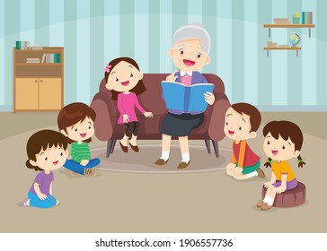 Grandfather reading fairy tales to his grandchildren, reading and telling book fairy tale stor.children listen grandparents reading on sofa