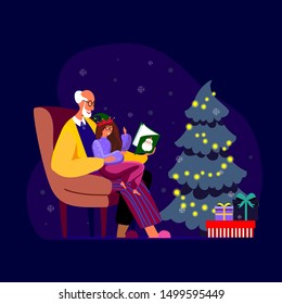 Grandfather reading fairytale to his grandchild sitting near xmas tree, gifts and presents, at their home Christmas Eve. Family cosy atmosphere picture, greeting congratulation card. Flat illustration