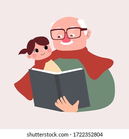 grandfather reading story book to his little grandchild. happy grandparents day Concept. Story time with grandpa flat vector illustration.