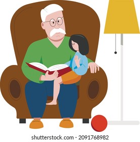 Grandfather reads a book to his granddaughter. Leisure parents and children, vector illustration.