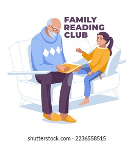 Grandfather reads to his granddaughter sitting on the sofa. Isolated on white background. Vector flat illustration