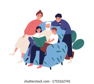 Grandfather and relatives reading book sitting on armchair vector flat illustration. Big happy family spending time together isolated on white. Old man with children and grandchildren relax at home.
