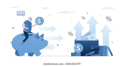 Grandfather rides on piggy bank to pension fund. Protection of retirement savings in bank. High percentage of profit on bank deposit. Smart elderly man, money management. Increase passive income.