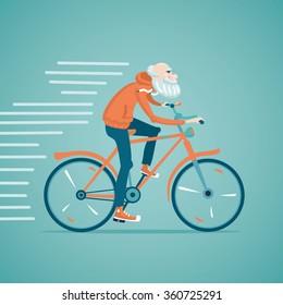 grandfather is riding bicycle. Isolated cartoon illustration