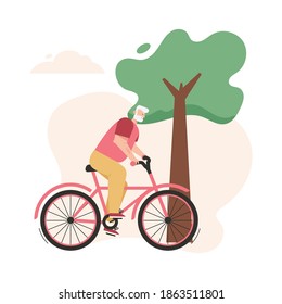 Grandfather riding bike at park. Elderly man cycling, spending time, rest at nature. Vector character illustration of grandparents active healthy lifestyle, activity for old people, happy retirement