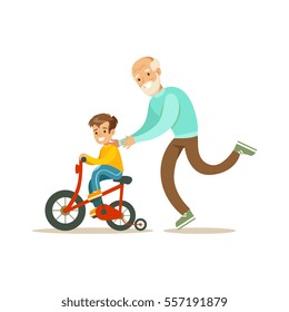 Grandfather Running Behind Grandson Bicycle, Happy Family Having Good Time Together Illustration