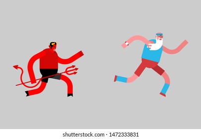 grandfather runs away from Devil. Satan is running after granddad