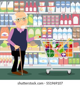 Grandfather in shop. Elderly man in store with shopping cart full of groceries vector illustration.