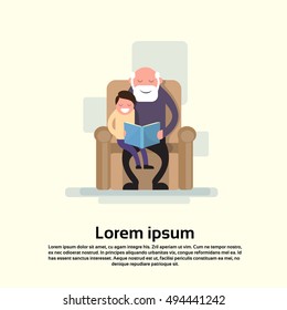 Grandfather Sit With Grandson In Armchair Read Book Small Child Flat Vector Illustration