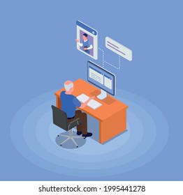 The grandfather sits at the computer and receives advice from the doctor on health issues isometric vector illustration