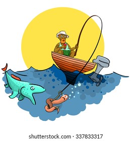 grandfather sits and holds a stick with a rope which is attached to the hook, the hook is lowered into the water sitting there and looking worm on a fish that wants to bite off his head ...