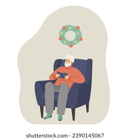 Grandfather sits vector. Grandfather in a sweater. Grandfather in a chair reading a book. grandfather vector.MyRealHoliday