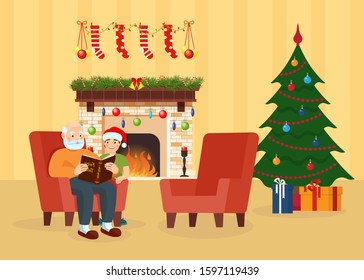 Grandfather sitting in armchair and grandson together in room decorated for Christmas and New Year vector illustration. Grandfather reads fairy tales book to happy child. Xmas tree, fireplace, gifts.