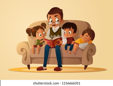 Grandfather sitting with grandchildren on a cozy sofa with the book, reading and telling book fairy tale story. Boys and girl listen to him. Vector cartoon illustration. Cozy family evening. Isolated