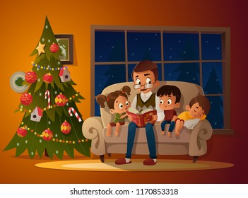 Grandfather sitting with grandchildren on a cozy sofa with the book, near Christmas tree. Reading and telling book fairy tale story. Boys and girl listen to him. Vector illustration. Cozy evening
