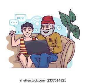 Grandfather sitting with grandson and shopping online. Profitable shopping day concept. Buying art products concept. Flat vector illustration in blue colors in cartoon style