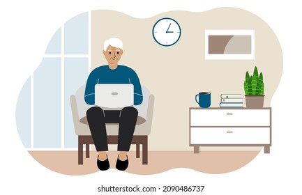 Grandfather is sitting with a laptop on an armchair at home. I work on a computer. Online education, training or social media concept. Vector flat illustration