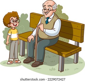 grandfather sitting on bench and grandchild cartoon vector