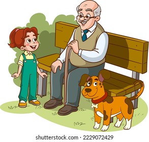 grandfather sitting on bench and grandchild cartoon vector