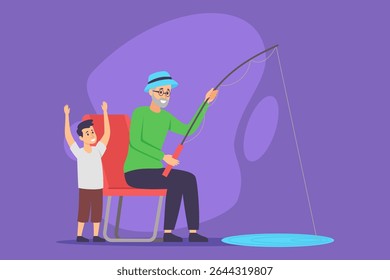 Vovô sentado na cadeira, pescando com vara enquanto seu neto está ao seu lado, levantando as mãos animadamente. Pessoas compartilhando momentos alegres na beira das águas
