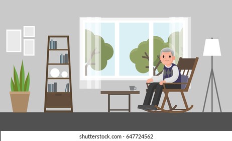grandfather sitting on a rocking chair in living room.  senior man sitting on rocking chair. Vector illustration.