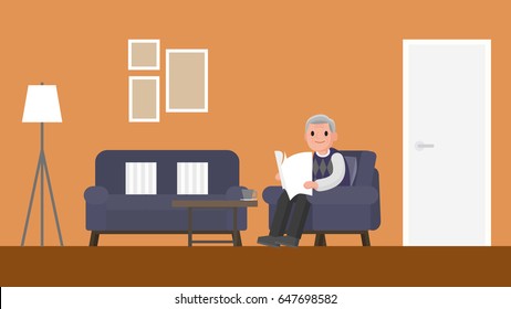 grandfather sitting on a sofa in living room. Vector illustration.